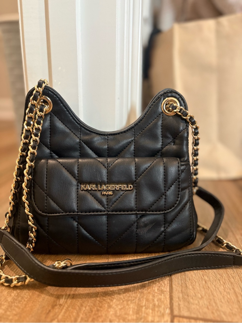 Karl Lagerfeld Black Quilted Shoulder Bag with Gold Chain